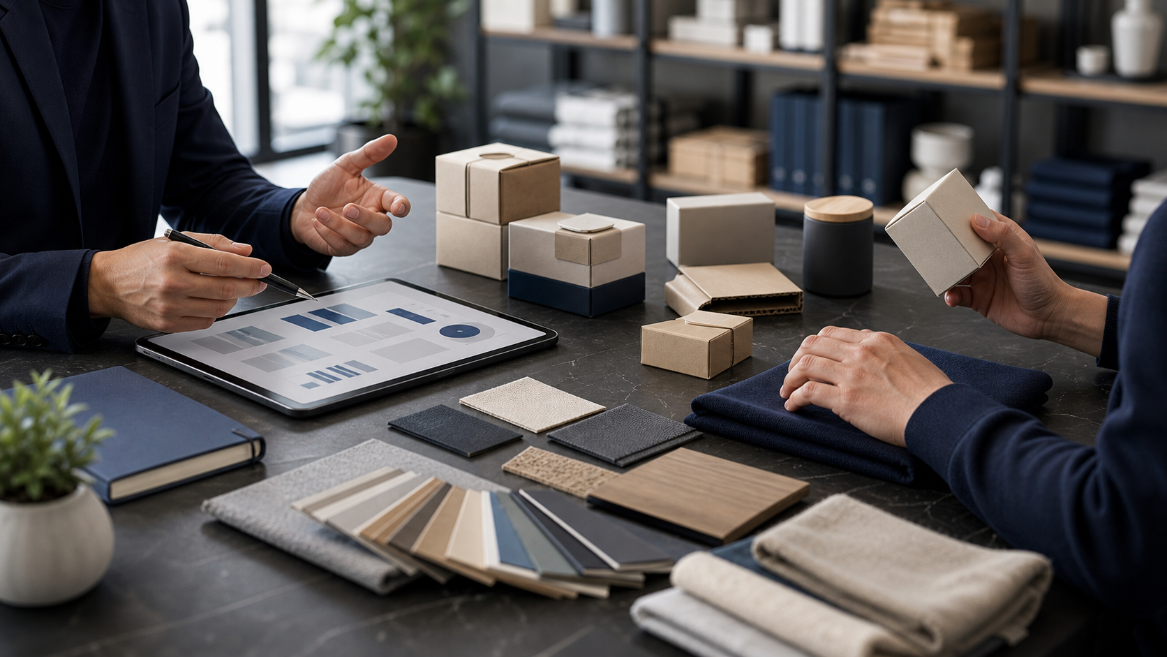 Premium sourcing coordination scene with product samples, packaging and material review