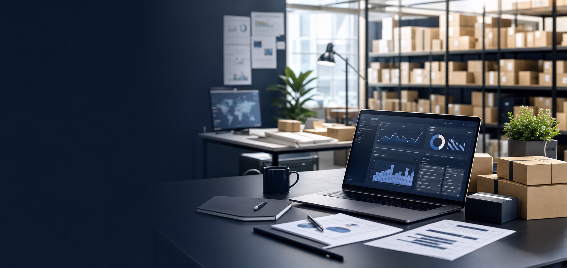 Professional digital commerce workspace with inventory shelving and analytics dashboards