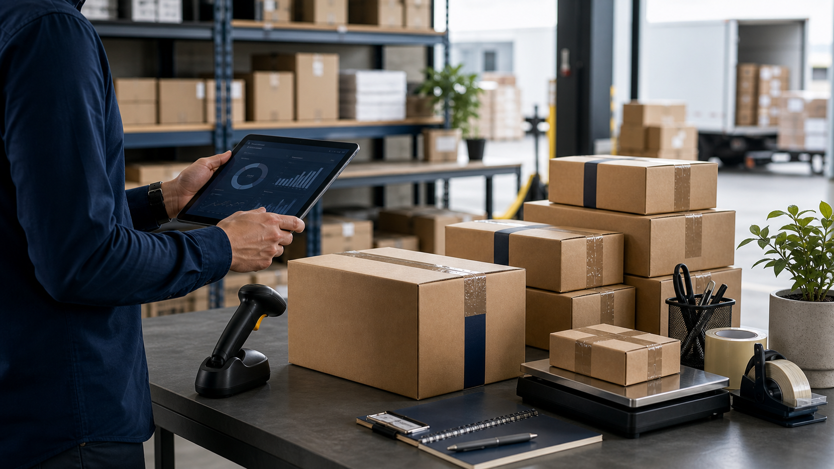 Professional logistics and fulfillment setup with organized packaging and operational coordination tools